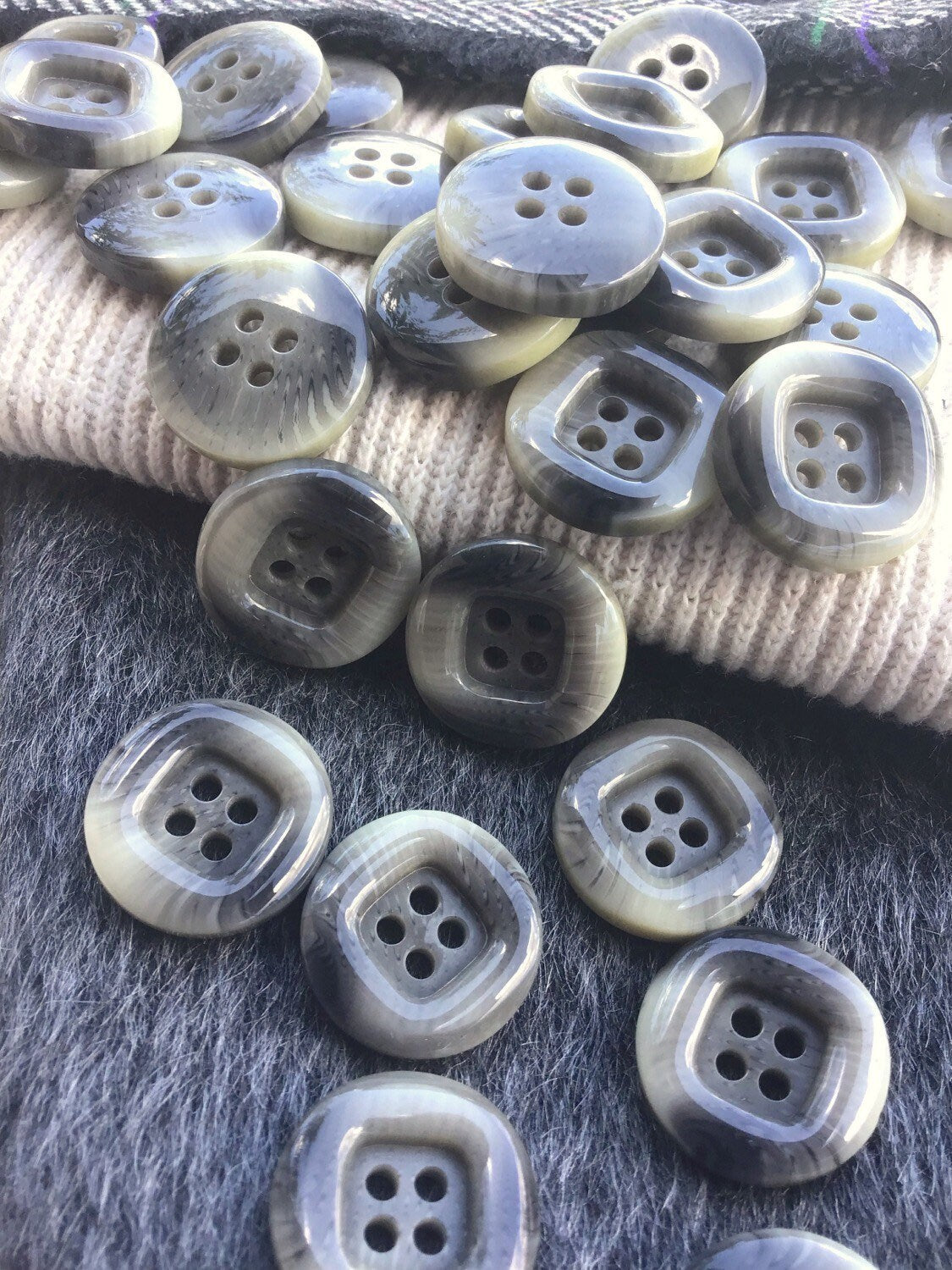 Italian Square Centered Multi Gray Textured Italian 4 Hole Buttons 13/16” (20mm) 32L Vintage Button #1091