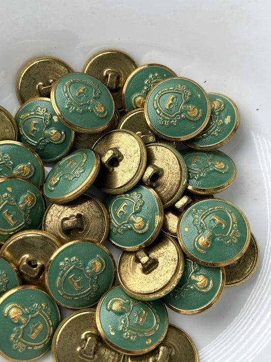 GOLD Embossed Green Metal BUTTONS 7/8" Vintage shield Shank Buttons for Clothing / Blazer Buttons & Jacket Buttons #187