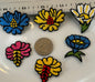 6 pieces FLORAL VINTAGE appliqués blue yellow black outline pink flower iron on Patches #9