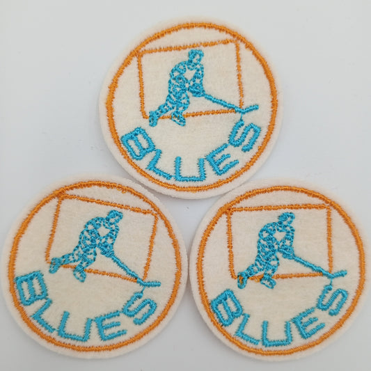 VINTAGE Badge Patches gold, off-white, turquoise BLUES Hockey Embroidered Appliques #747