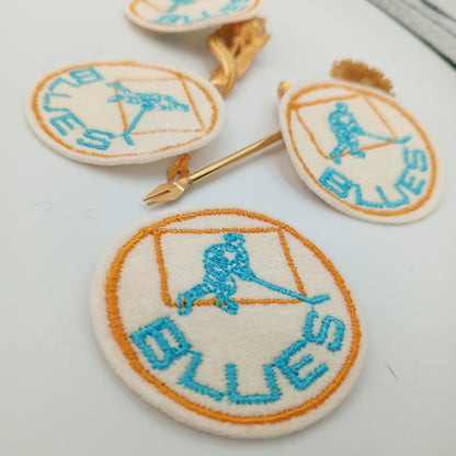 VINTAGE Badge Patches gold, off-white, turquoise BLUES Hockey Embroidered Appliques #747