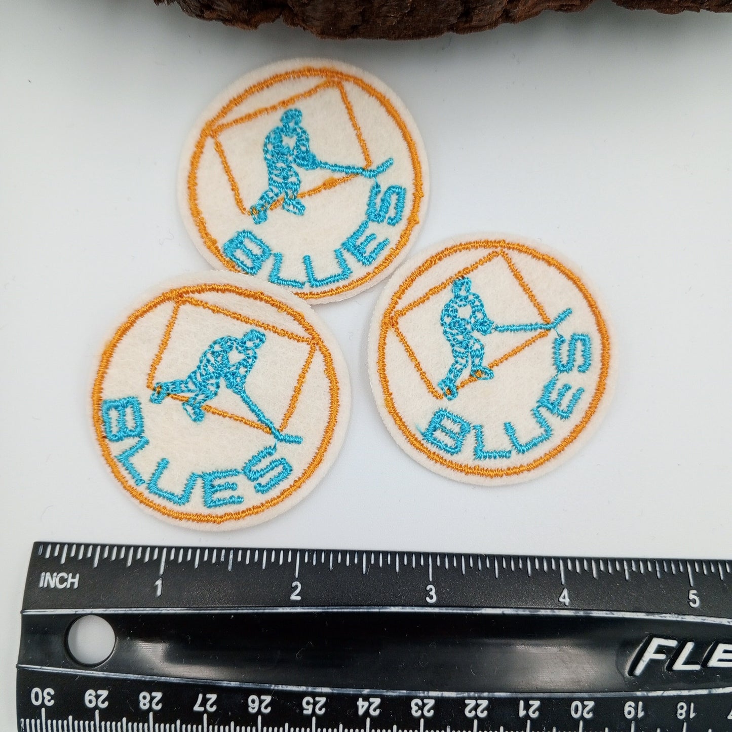 VINTAGE Badge Patches gold, off-white, turquoise BLUES Hockey Embroidered Appliques #747