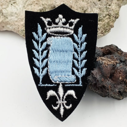 VINTAGE Badge Patches black, white crown blue embroidered Scroll Patch Appliques #715