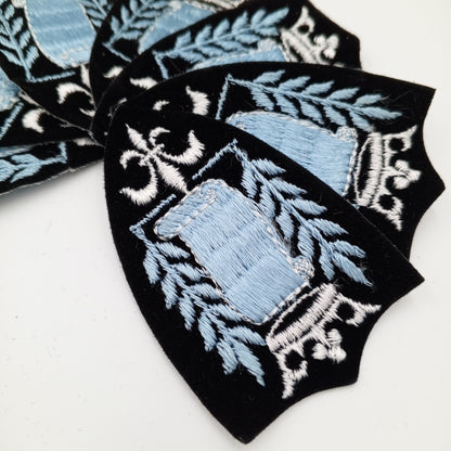 VINTAGE Badge Patches black, white crown blue embroidered Scroll Patch Appliques #715