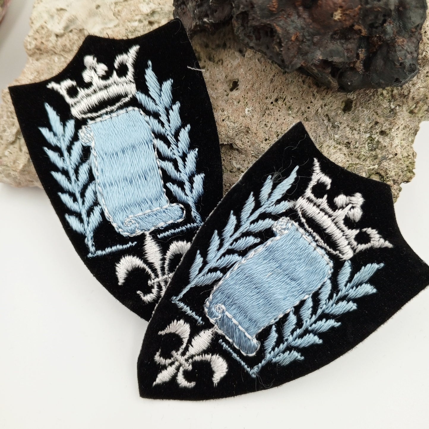 VINTAGE Badge Patches black, white crown blue embroidered Scroll Patch Appliques #715