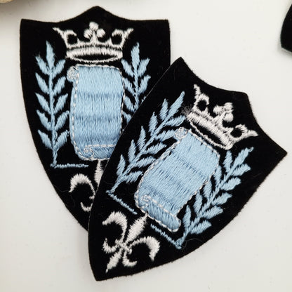 VINTAGE Badge Patches black, white crown blue embroidered Scroll Patch Appliques #715