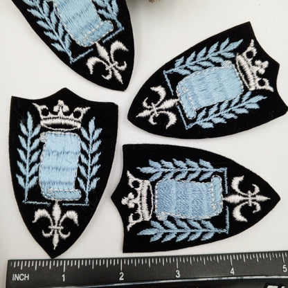 VINTAGE Badge Patches black, white crown blue embroidered Scroll Patch Appliques #715