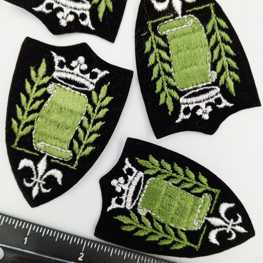 VINTAGE Badge Patches black, white Crown Olive green embroidered Scroll Patch Appliques #714