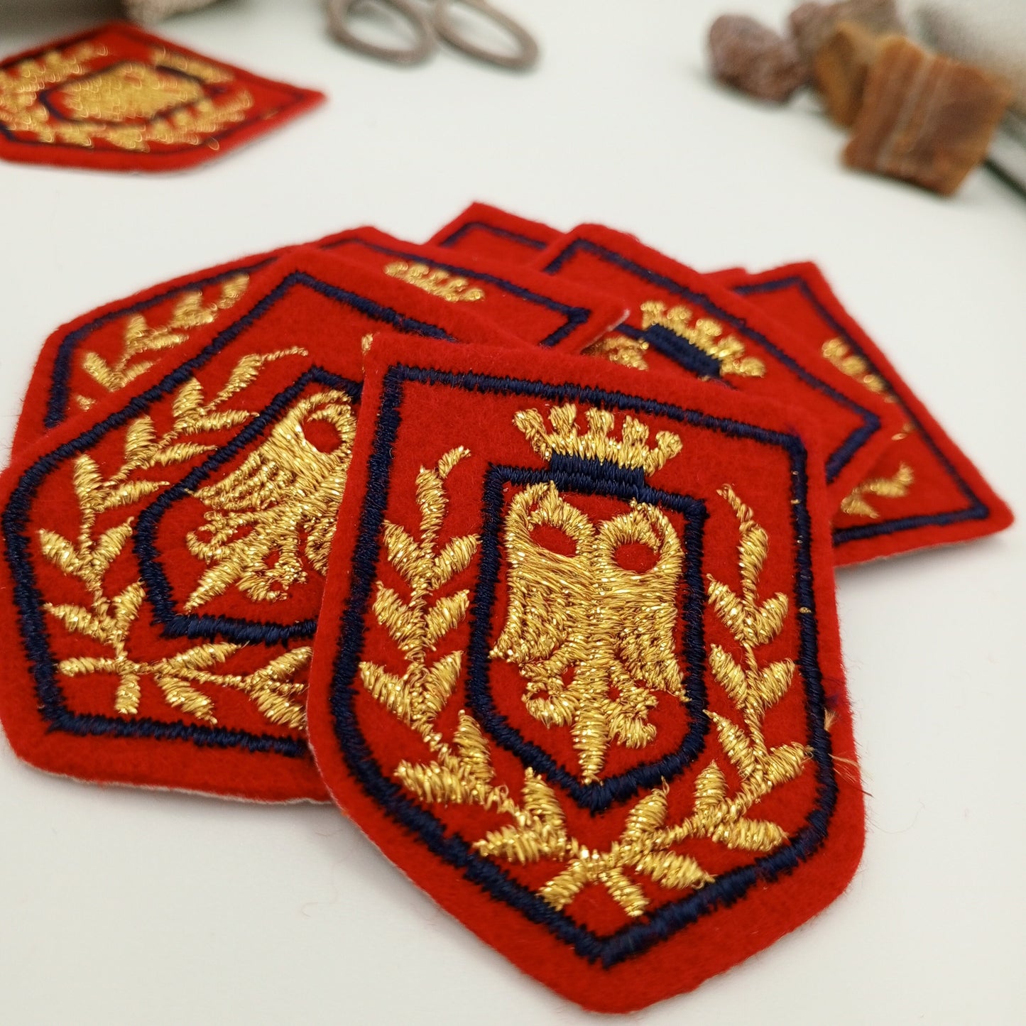 VINTAGE Red Badge Patches navy metallic gold Crown Embroidery Patch Appliques #701