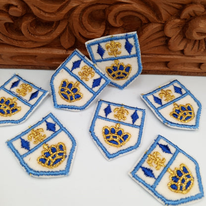 VINTAGE Badge Patches white blue metallic gold crown Embroidered Appliques #707