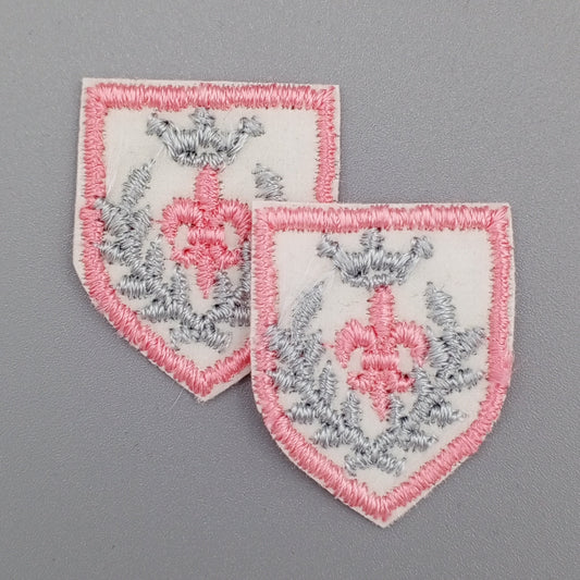 VINTAGE Badge Patches gray pink white shield Embroidered Appliques #710