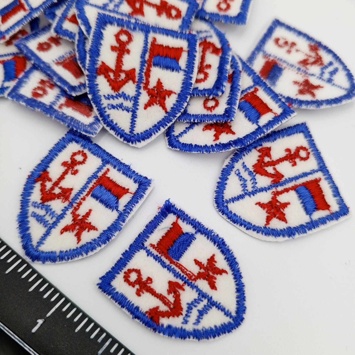 VINTAGE Badge Patches blue white, red anchor, shield Embroidered Appliques #711