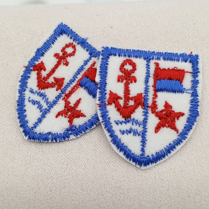 VINTAGE Badge Patches blue white, red anchor, shield Embroidered Appliques #711