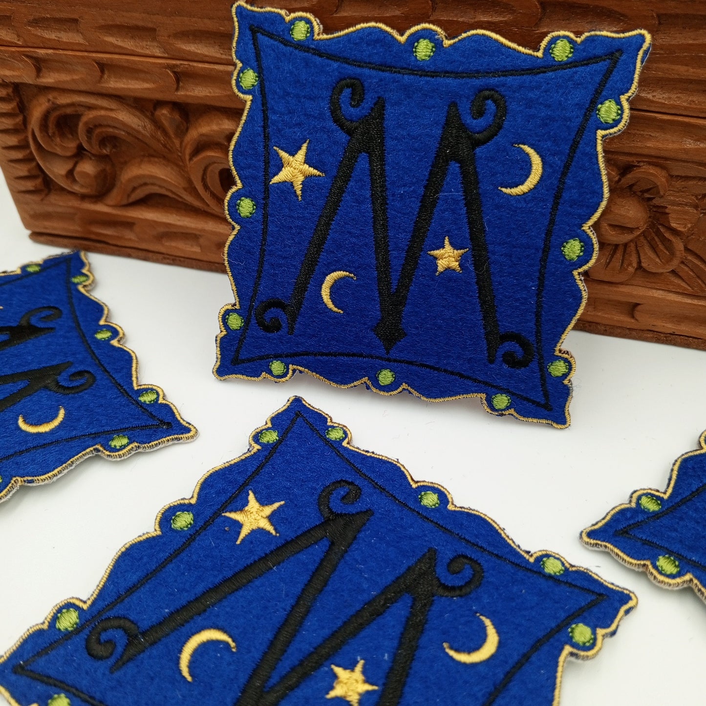 VINTAGE Badge Patches yellow green blue black nighttime moon and stars Embroidered Appliques #733