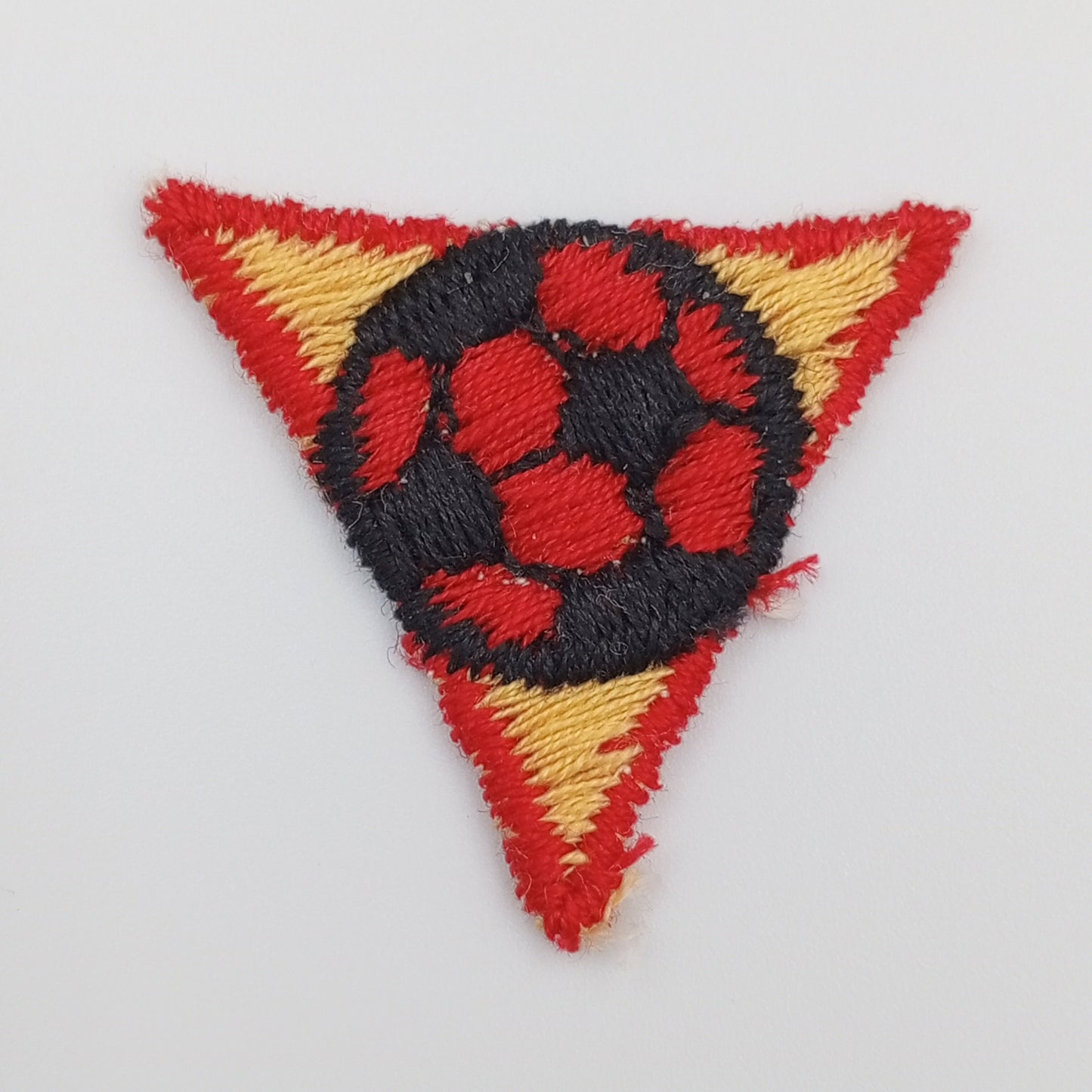 VINTAGE Soccer ball in a triangle Patches red black yellow Embroidered Appliques #908