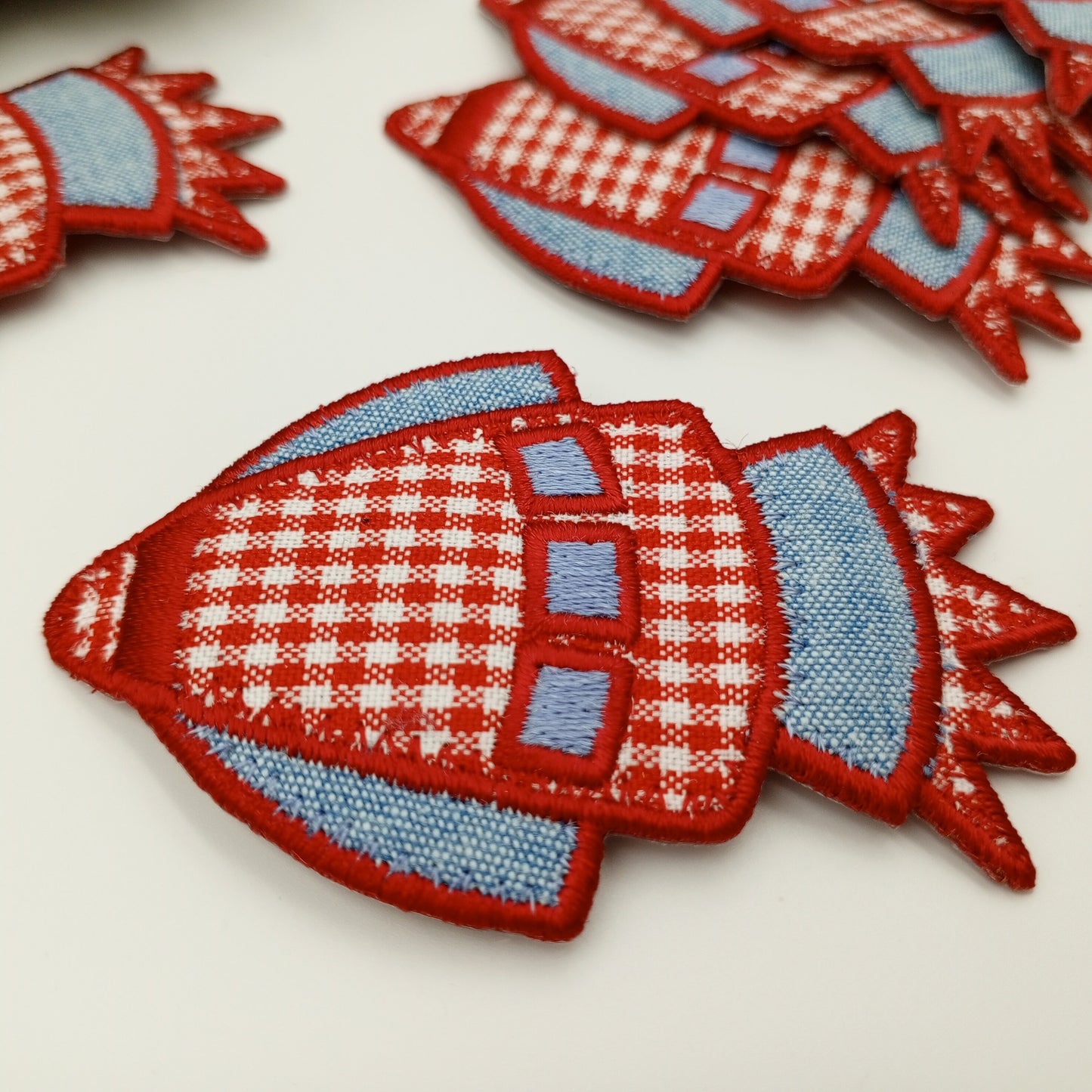 VINTAGE Rocket Spaceship Patches Red gingham check blue denim Embroidered Appliques #927