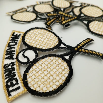 Vintage Tennis Tournament Rackets Tennis Team Patch black white metallic gold Tennis Club Racquets Embroidered Appliques Iron-on Patch #903