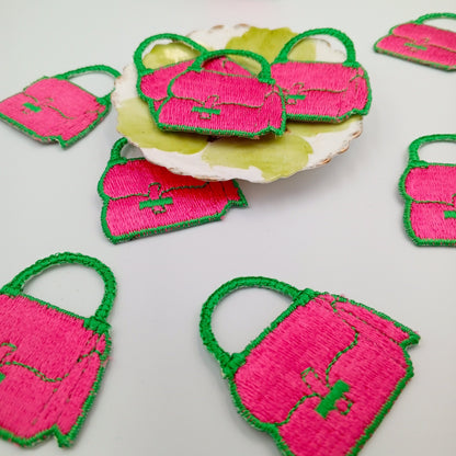 VINTAGE purse handbag Patches green pink Embroidered Appliques #934