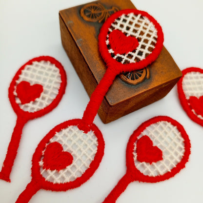 VINTAGE Red Heart tennis Rackets Patches  off white Embroidered Love tennis Appliques #914