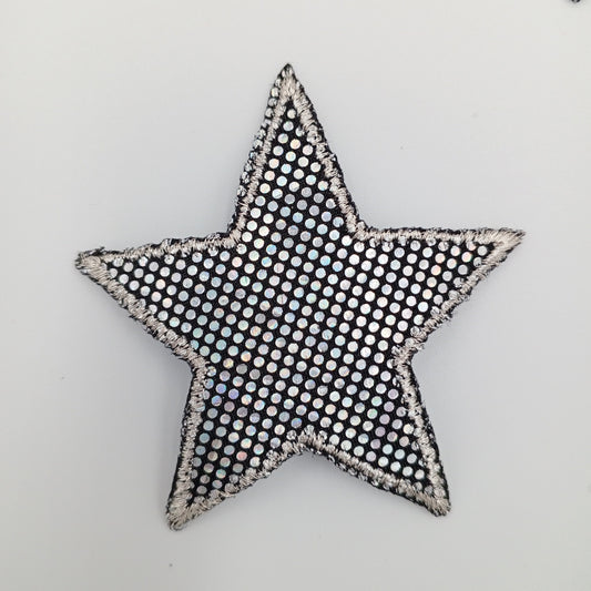 Dazzling Silver Metallic Hologram Black Star Patch Iron on Authentic Retro Applique Star Embellishment Bags Hats Jackets Jeans Backpack #625