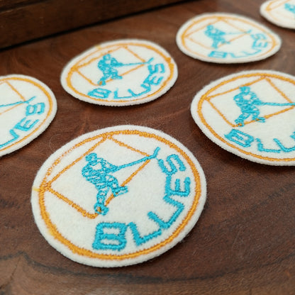 VINTAGE Badge Patches gold, off-white, turquoise BLUES Hockey Embroidered Appliques #747