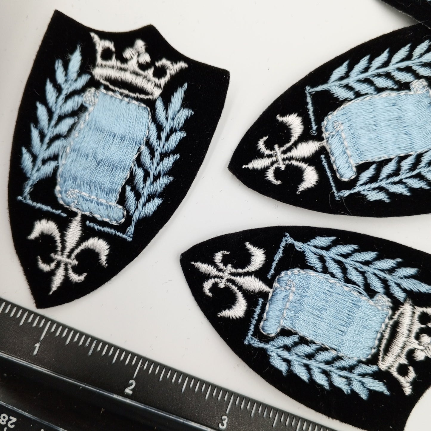 VINTAGE Badge Patches black, white crown blue embroidered Scroll Patch Appliques #715