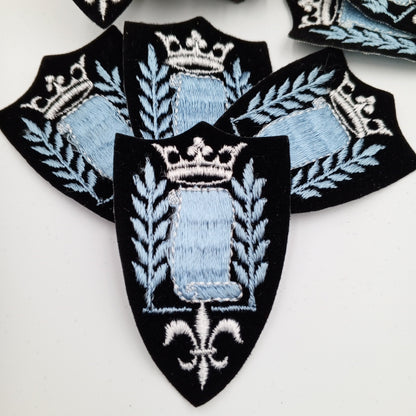 VINTAGE Badge Patches black, white crown blue embroidered Scroll Patch Appliques #715