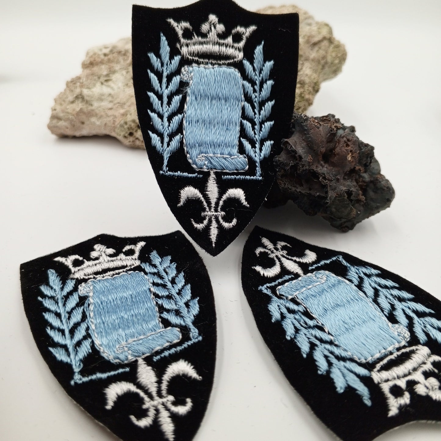 VINTAGE Badge Patches black, white crown blue embroidered Scroll Patch Appliques #715