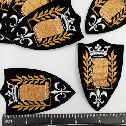 VINTAGE Badge Patches black, white crown Gold embroidered Scroll Patch Appliques #713