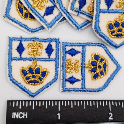 VINTAGE Badge Patches white blue metallic gold crown Embroidered Appliques #707