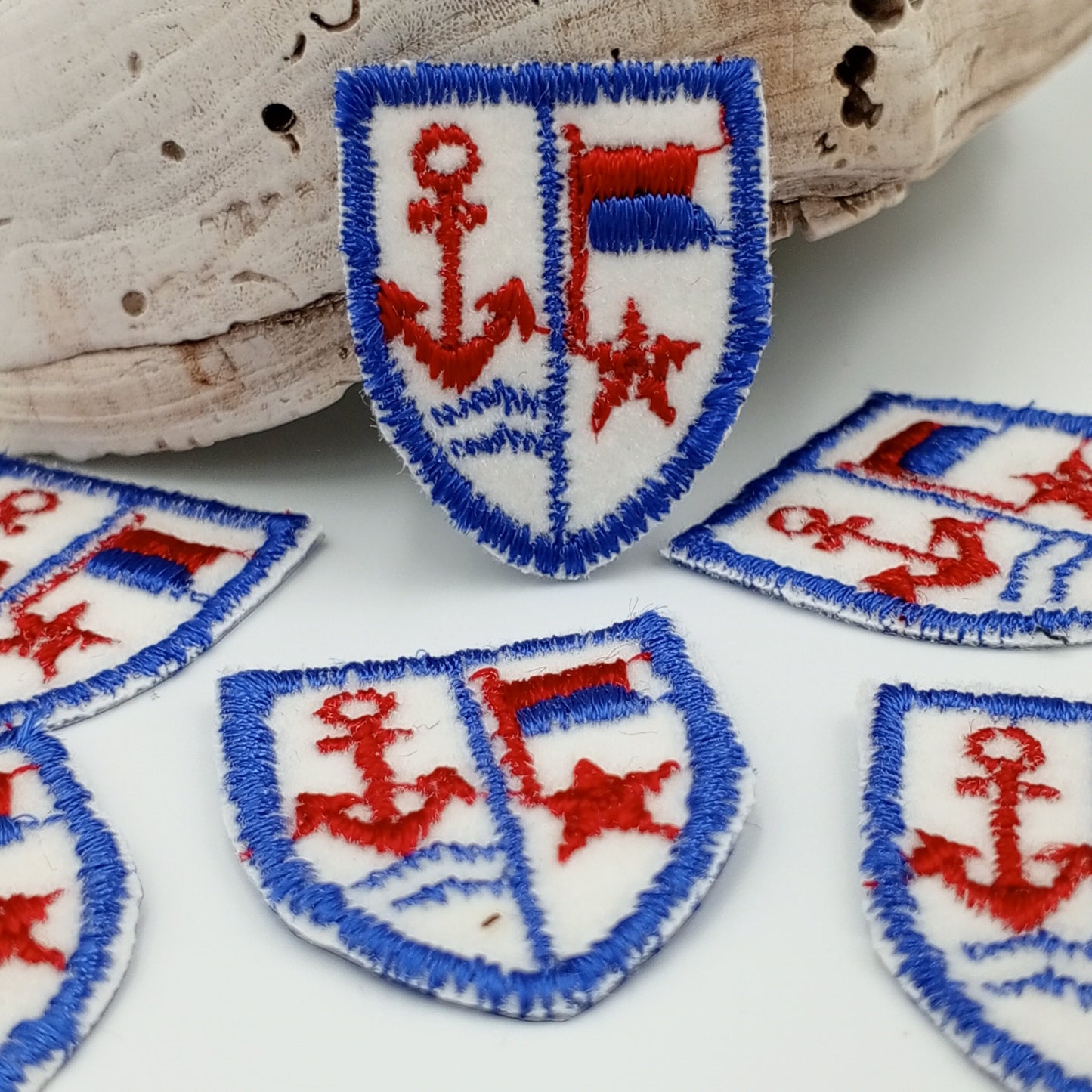 VINTAGE Badge Patches blue white, red anchor, shield Embroidered Appliques #711