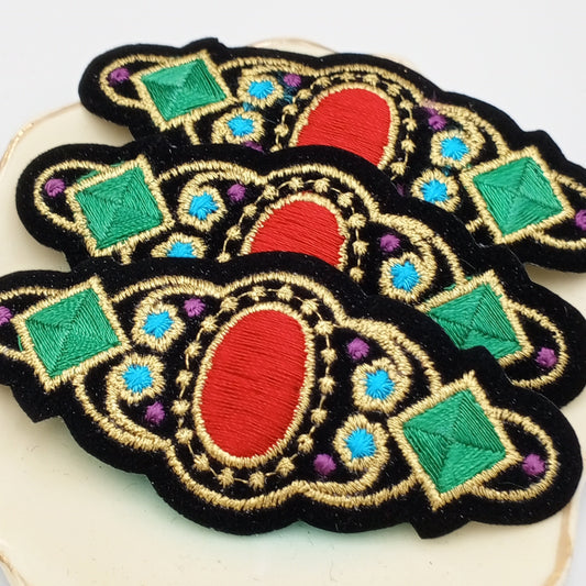 VINTAGE Badge Patches black metallic, gold, green purple cyan, red Embroidered Appliques #738