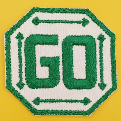 VINTAGE Badge Patches green GO sign Embroidered Appliques #742