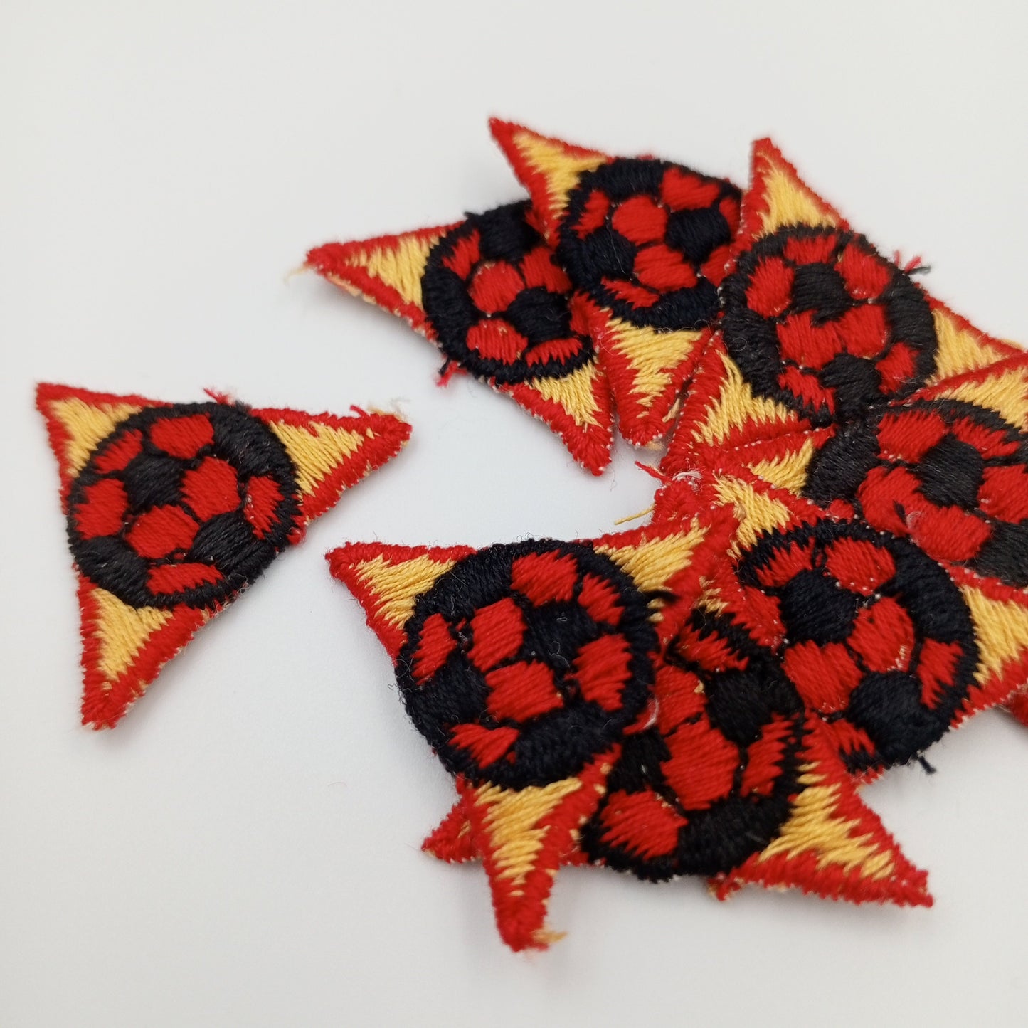 VINTAGE Soccer ball in a triangle Patches red black yellow Embroidered Appliques #908