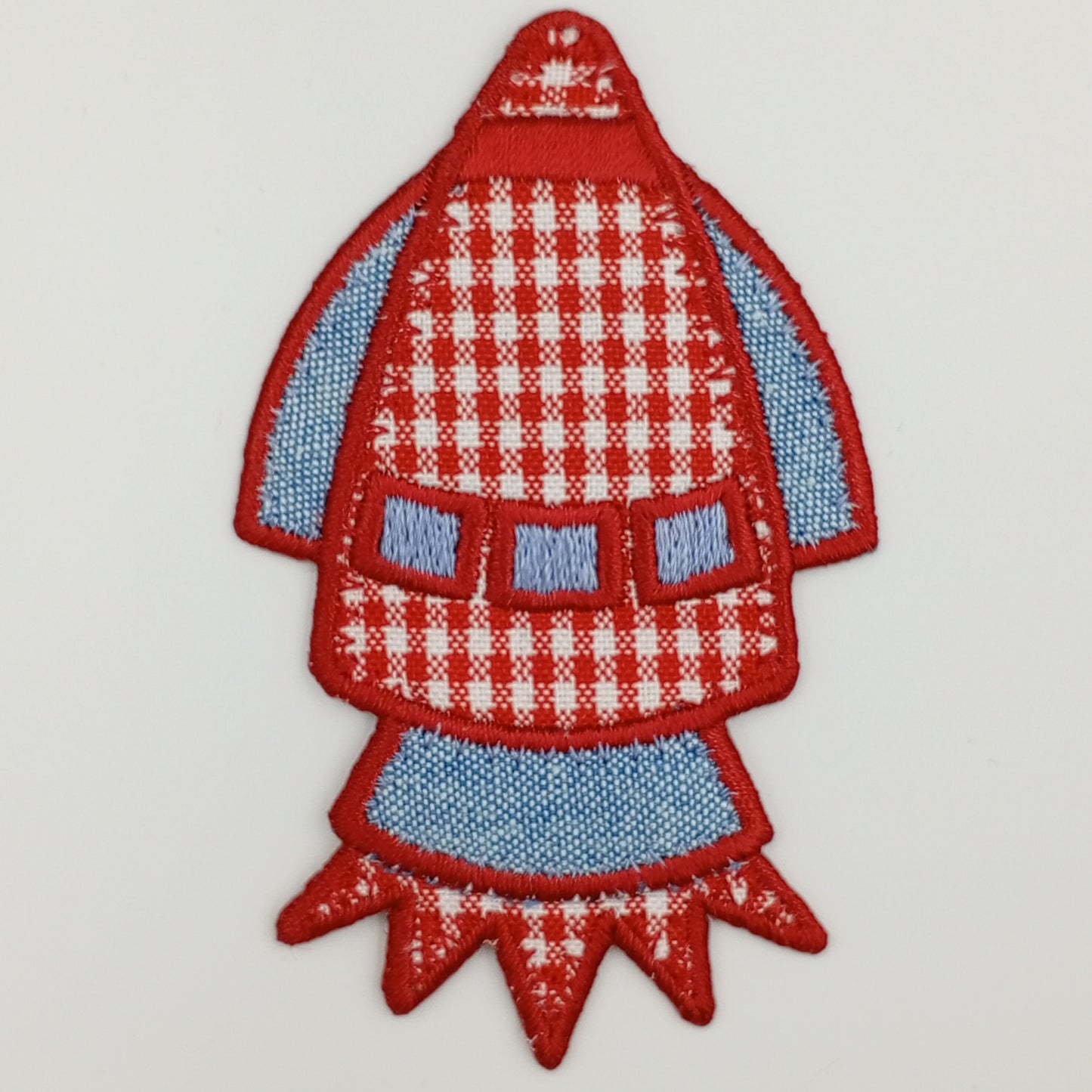 VINTAGE Rocket Spaceship Patches Red gingham check blue denim Embroidered Appliques #927