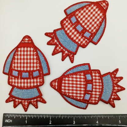 VINTAGE Rocket Spaceship Patches Red gingham check blue denim Embroidered Appliques #927