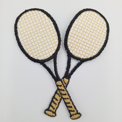 Tennis Racket Embroidered Patch Iron-on Transfer for Jacket Bags Caps Backpack Jean Sportswear black white metallic gold Tennis Vintage #904