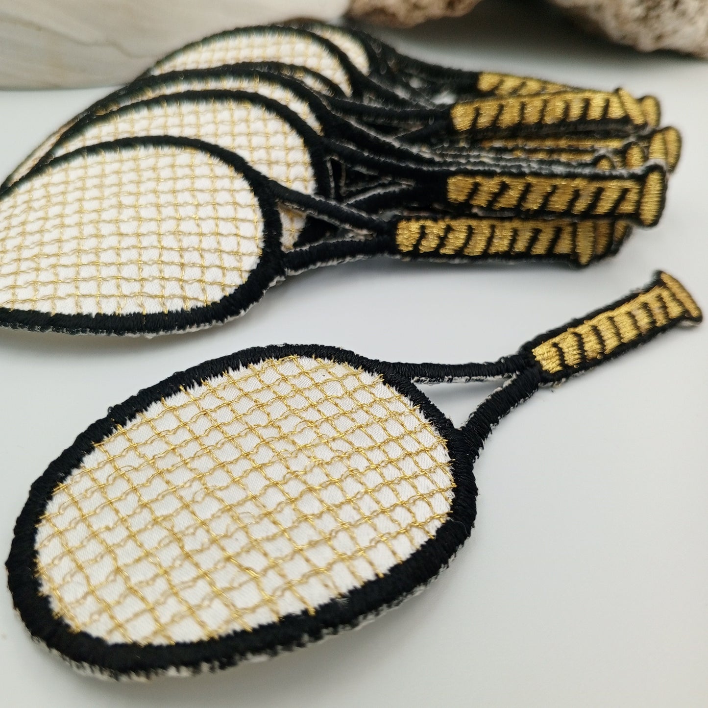 Tennis Racket Embroidered Patch Iron-on Transfer for Jacket Bags Caps Backpack Jean Sportswear black white metallic gold Tennis Vintage #904