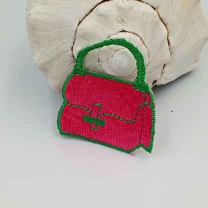 VINTAGE purse handbag Patches green pink Embroidered Appliques #934