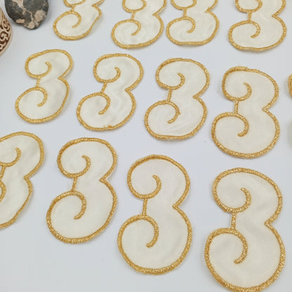 VINTAGE Letter Words Patches off white metallic gold number three Embroidered Appliques #812