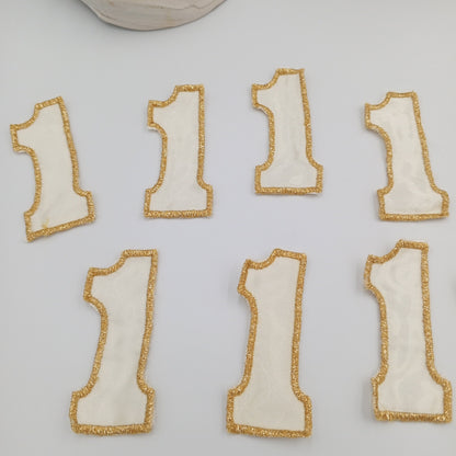 VINTAGE Letter Words Patches off, white metallic gold number one Embroidered Appliques #810