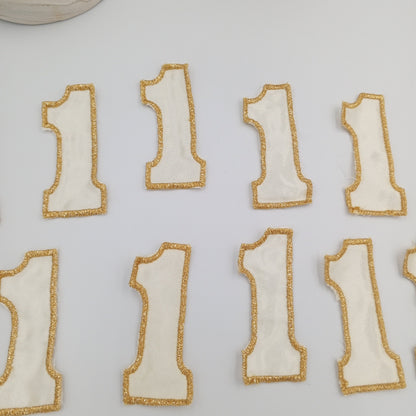 VINTAGE Letter Words Patches off, white metallic gold number one Embroidered Appliques #810