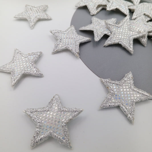 Iron on Metallic Silver Stars appliques Decorative Hologram Sparkle Silver VINTAGE Iron on Star Patches #623