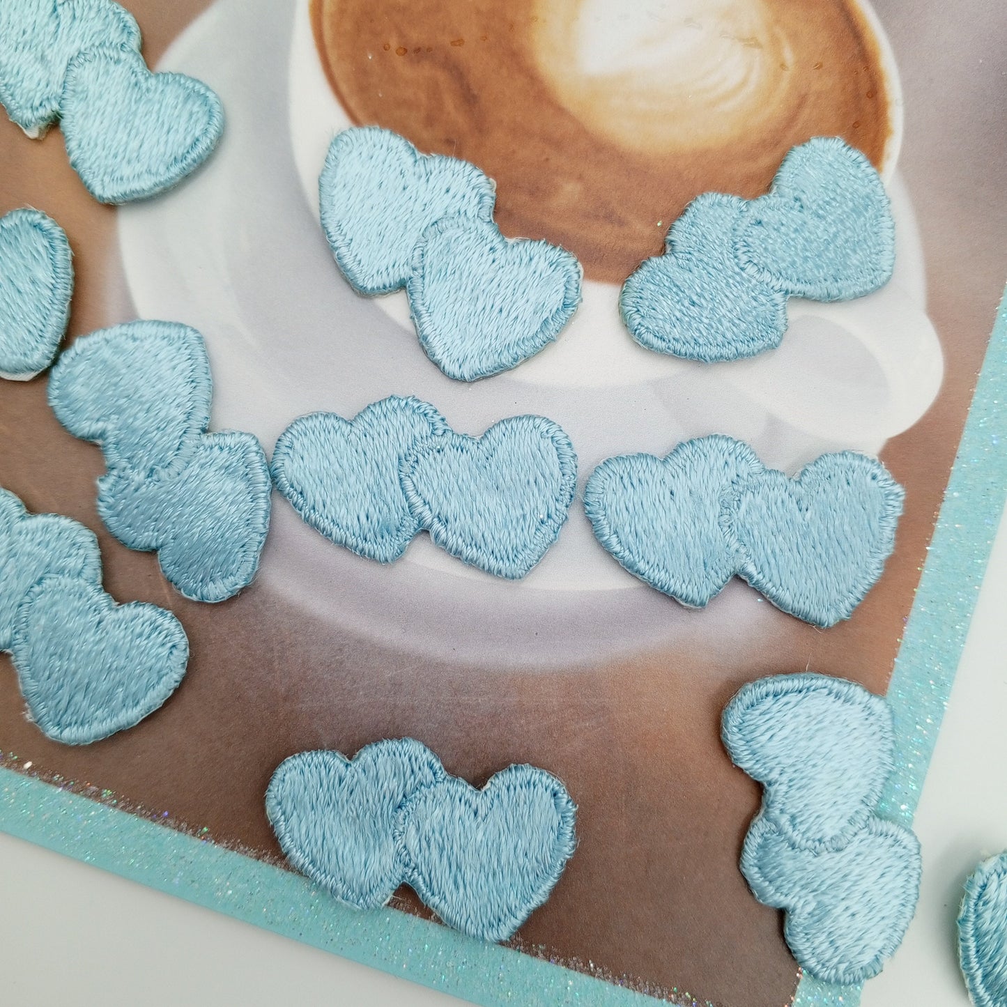 Light blue double hearts appliques VINTAGE Iron on Patches #660