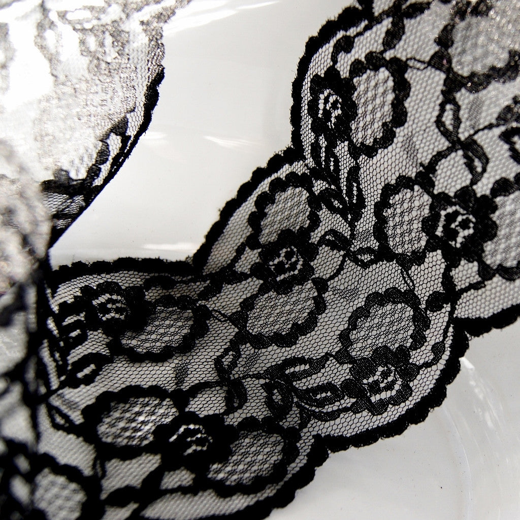 6 Wide Exquisite Rigid Black and Off-White Leavers Lace, Made in France