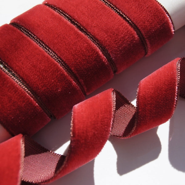 Vintage ribbon French velvet cotton w silk 2 1/4 inch Red Rasberry